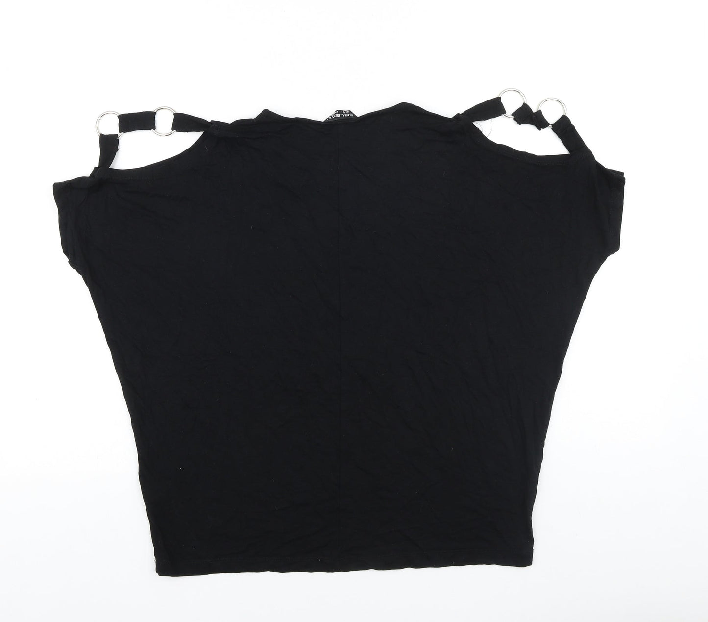 Select Womens Black Viscose Basic T-Shirt Size 6 Round Neck - Chain Detail, Cold Shoulders