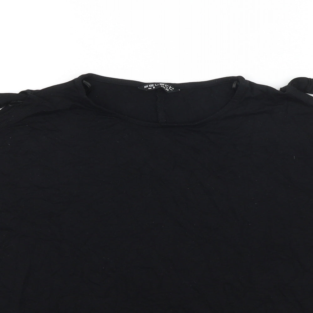 Select Womens Black Viscose Basic T-Shirt Size 6 Round Neck - Chain Detail, Cold Shoulders