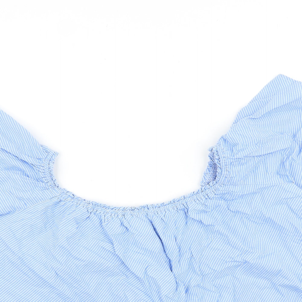 New Look Womens Blue Striped 100% Cotton Basic Blouse Size 10 Scoop Neck - Angel Sleeve Bardot
