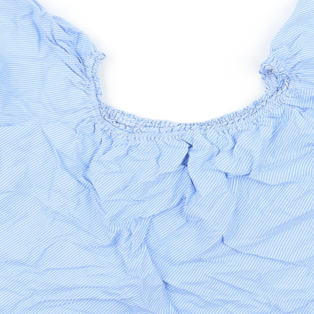 New Look Womens Blue Striped 100% Cotton Basic Blouse Size 10 Scoop Neck - Angel Sleeve Bardot