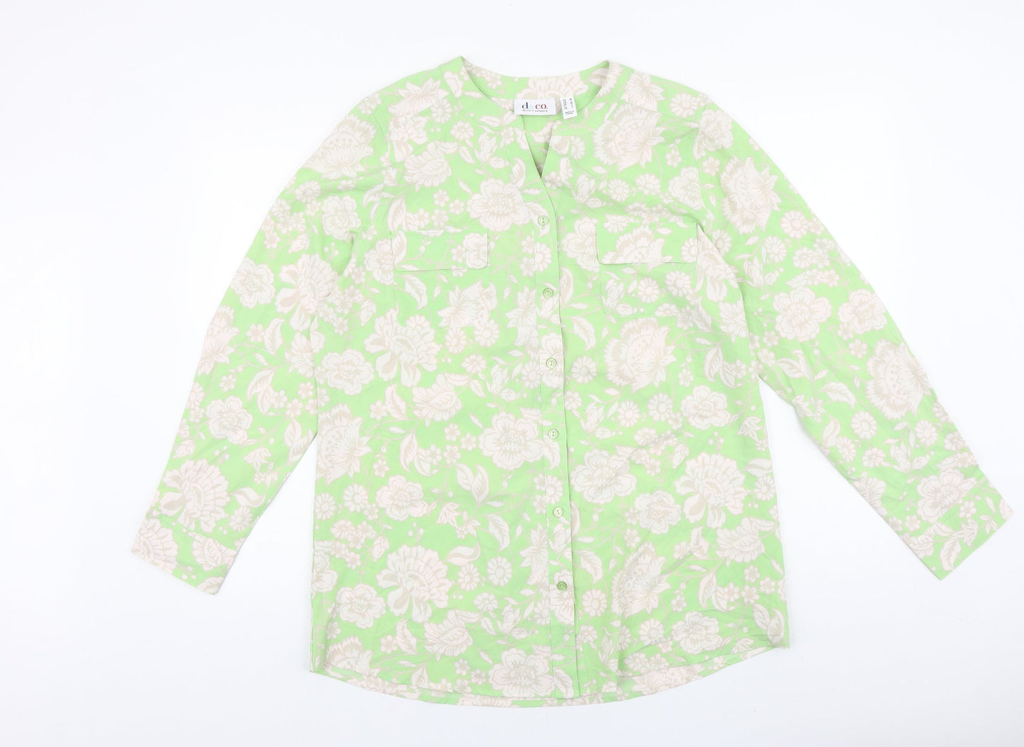 D&Co. Womens Green Floral Polyester Basic Blouse Size L V-Neck