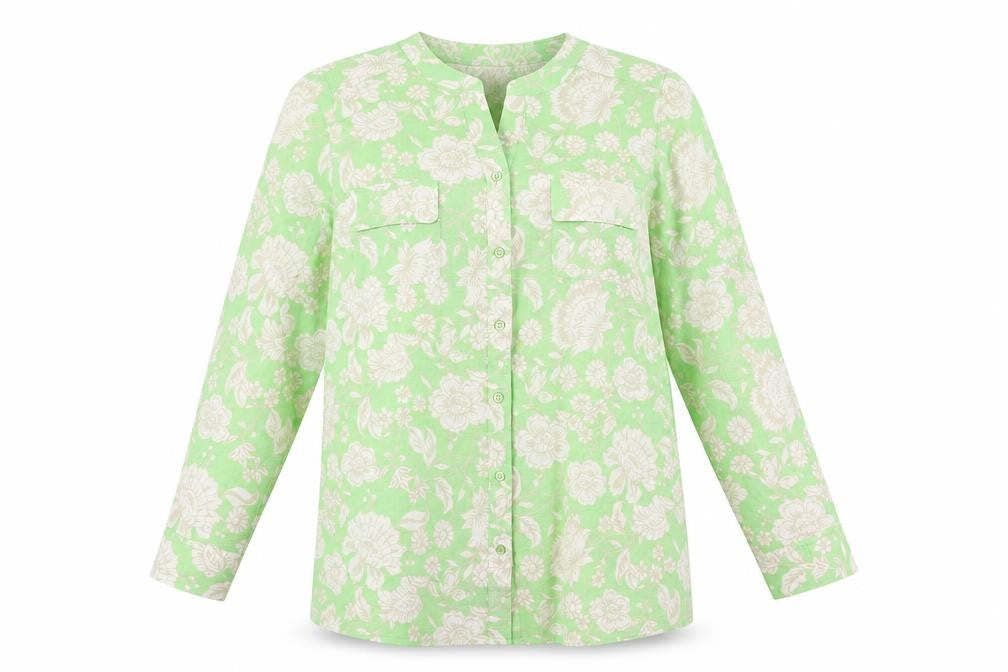 D&Co. Womens Green Floral Polyester Basic Blouse Size L V-Neck