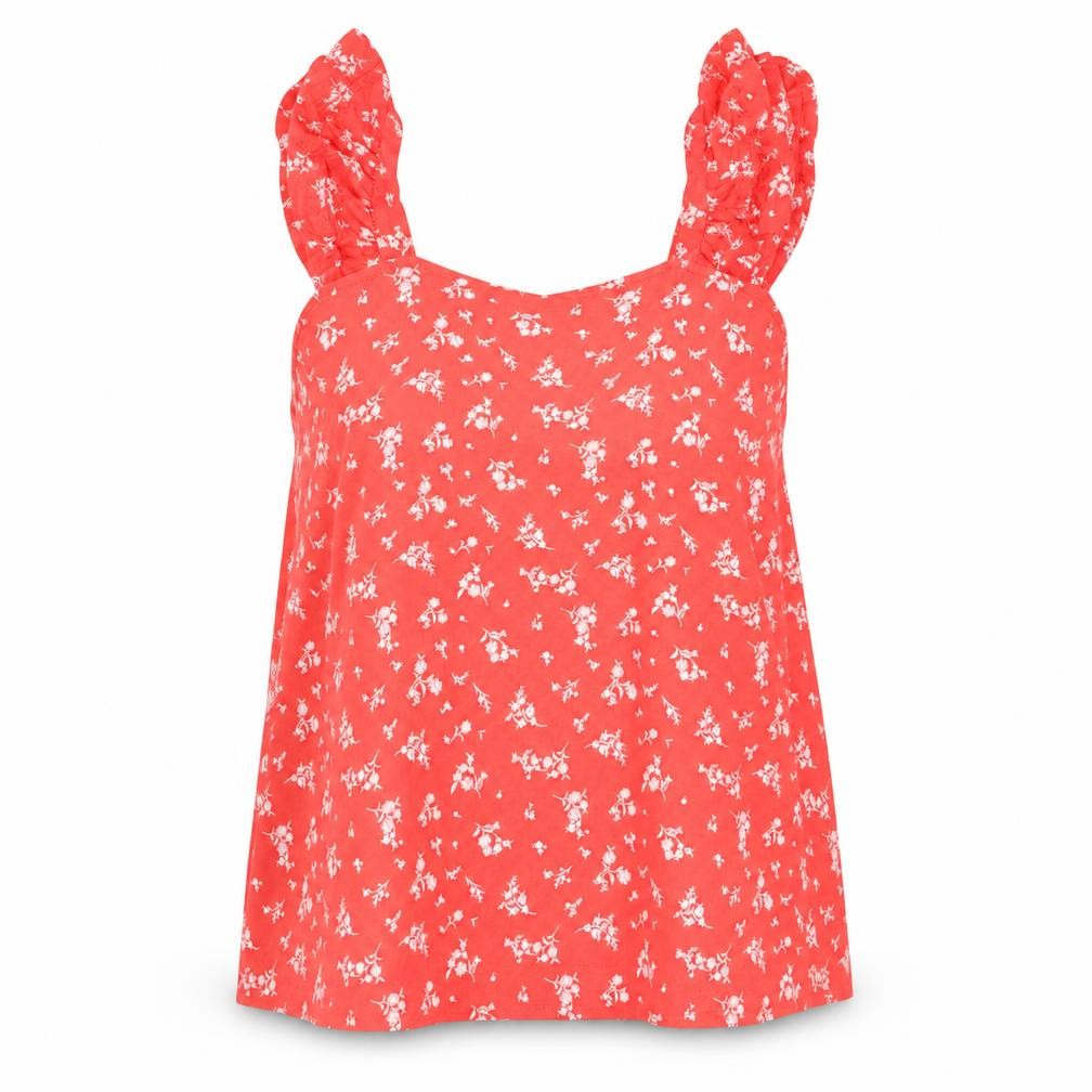 Marks & Spencer Womens Red Floral 100% Cotton Basic Tank Size 8 Round Neck