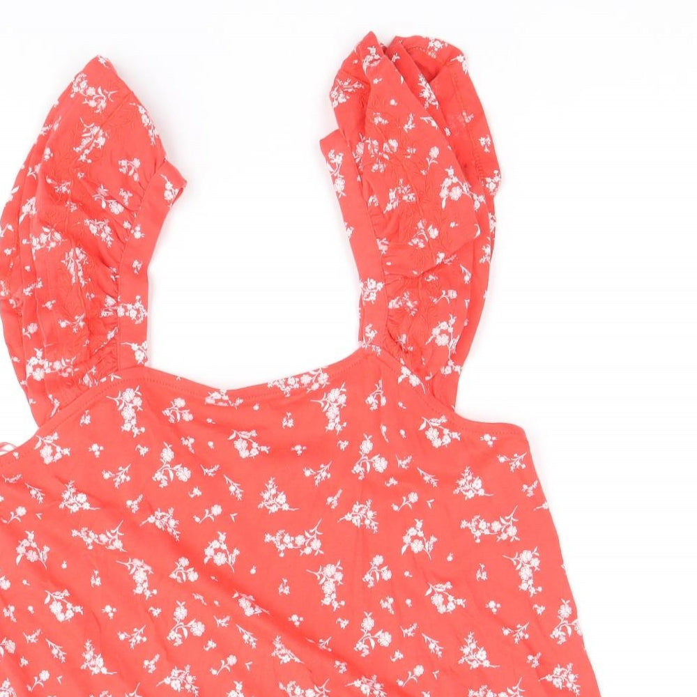 Marks and Spencer Womens Red Floral 100% Cotton Basic Tank Size 8 Round Neck