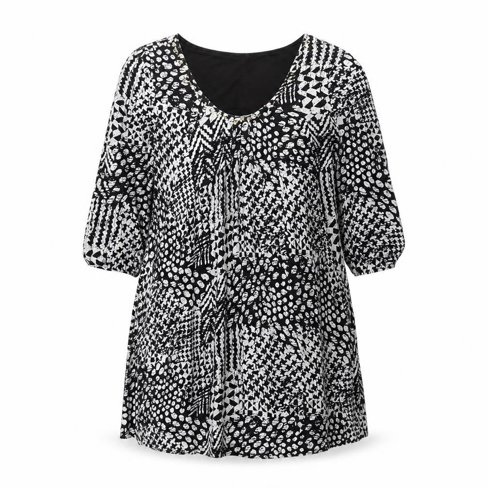 Izabel London Womens Black Geometric Viscose Shift Size 10 Scoop Neck Pullover