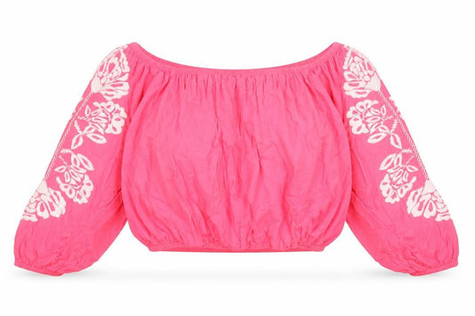 Marks and Spencer Womens Pink Geometric 100% Cotton Cropped Blouse Size 20 Off the Shoulder