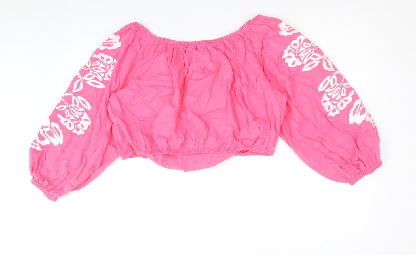 Marks and Spencer Womens Pink Geometric 100% Cotton Cropped Blouse Size 20 Off the Shoulder