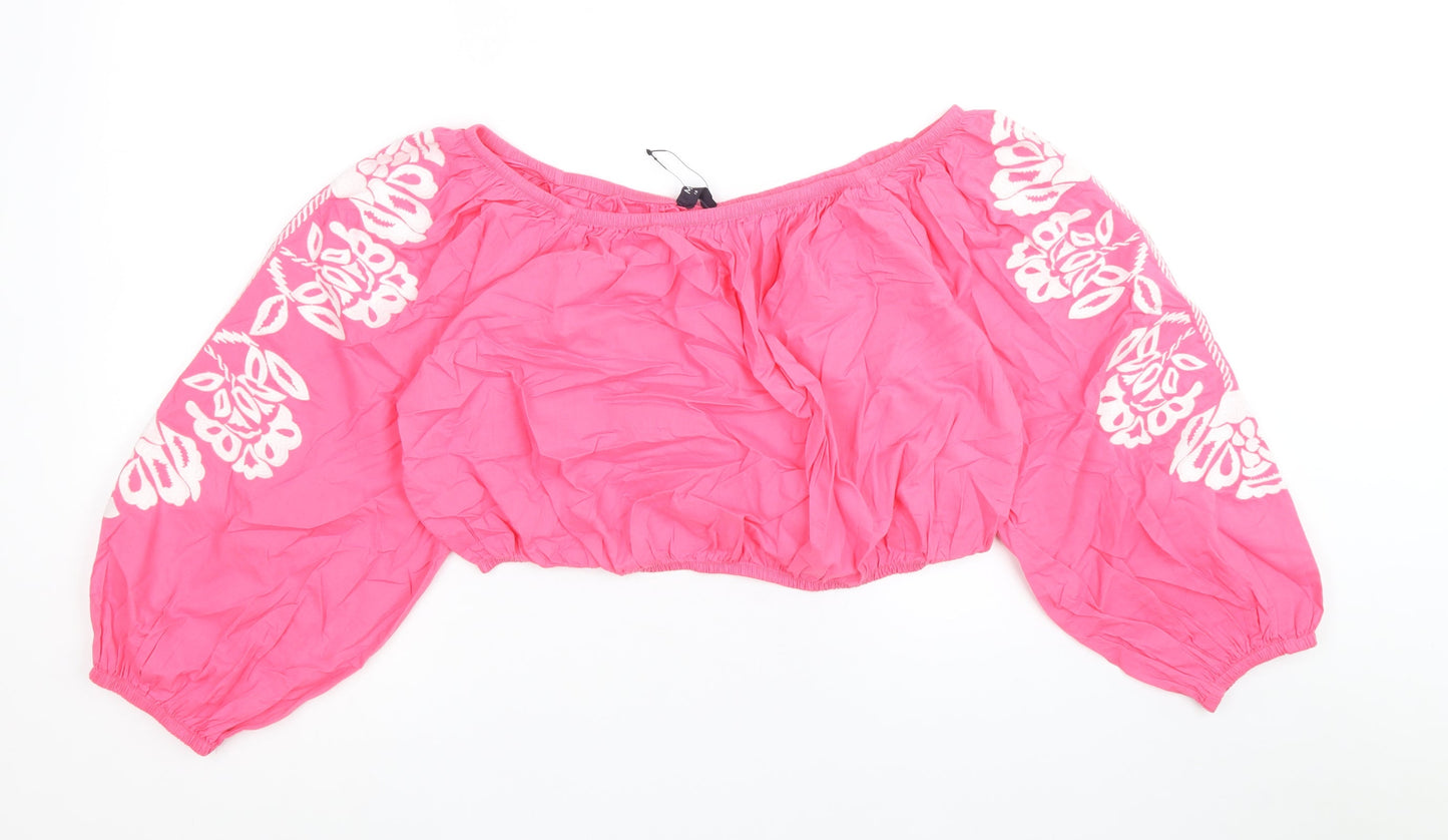 Marks and Spencer Womens Pink 100% Cotton Cropped Blouse Size 18 Boat Neck - Flower Detail
