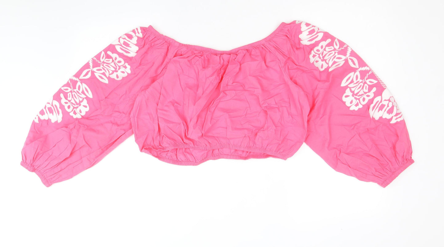 Marks and Spencer Womens Pink 100% Cotton Cropped Blouse Size 18 Boat Neck - Flower Detail