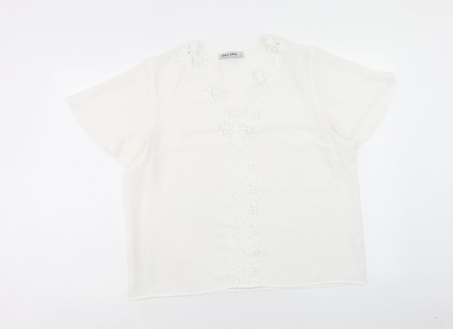Grace Karin Womens White Polyester Basic T-Shirt Size L V-Neck