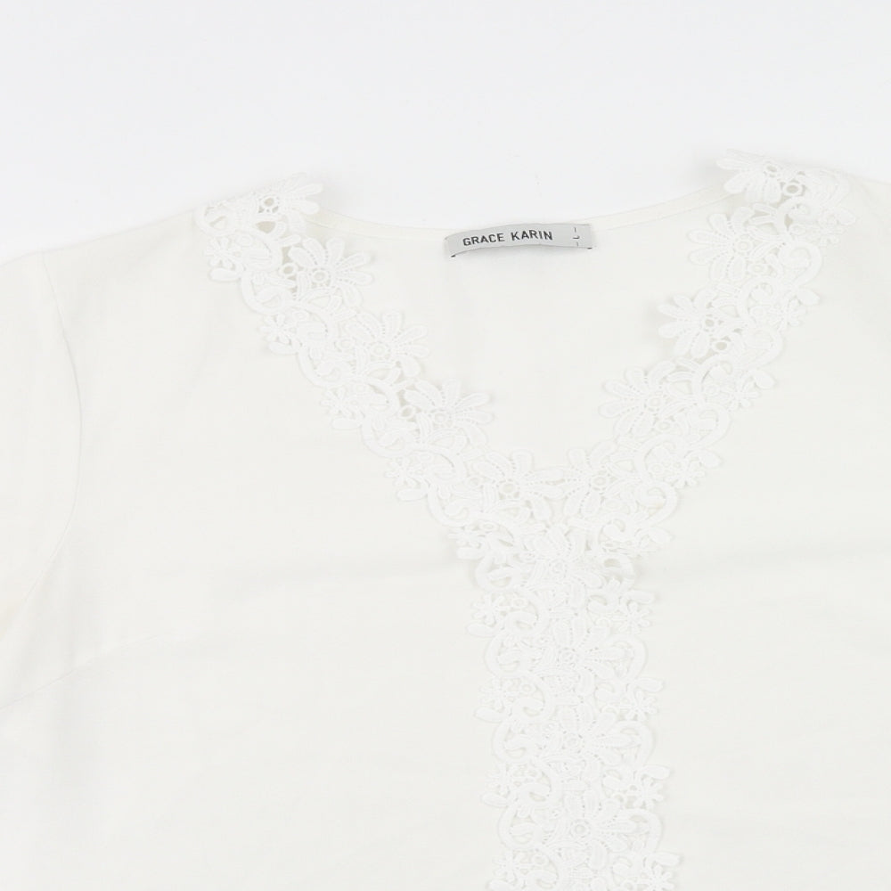 Grace Karin Womens White Polyester Basic T-Shirt Size L V-Neck