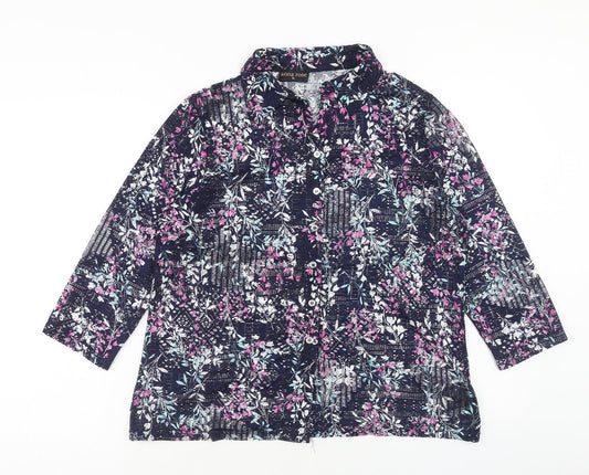 Anna Rose Womens Blue Geometric Polyester Basic Button-Up Size XL V-Neck
