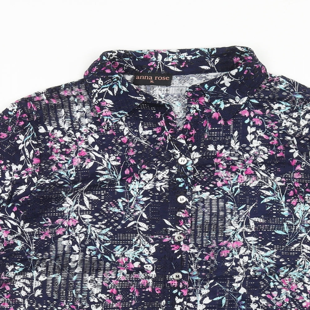 Anna Rose Womens Blue Geometric Polyester Basic Button-Up Size XL V-Neck