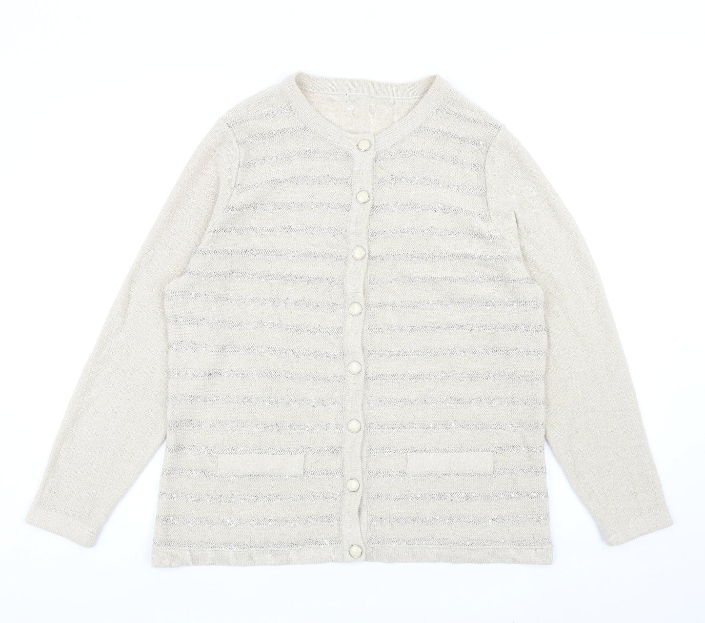 Preworn Womens Beige Round Neck Striped Acrylic Cardigan Jumper Size M