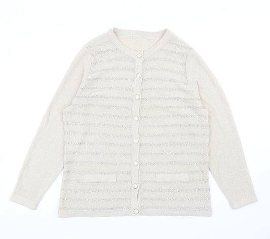 Preworn Womens Beige Round Neck Striped Acrylic Cardigan Jumper Size M