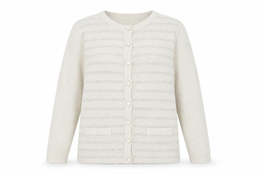Preworn Womens Beige Round Neck Striped Acrylic Cardigan Jumper Size M