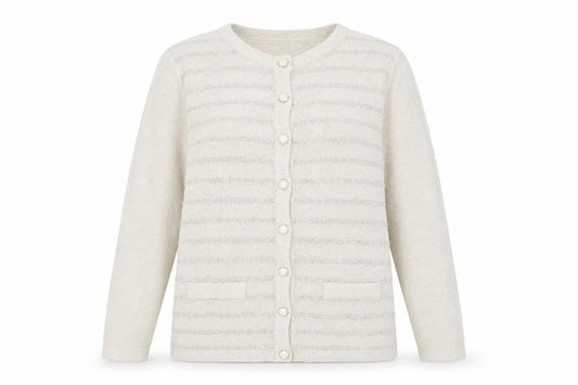 Preworn Womens Beige Round Neck Striped Acrylic Cardigan Jumper Size M