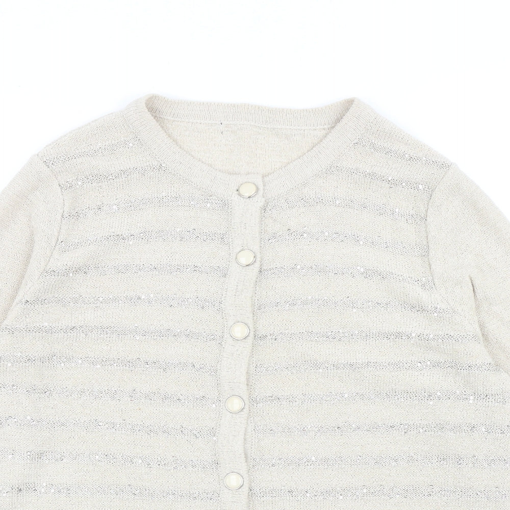 Preworn Womens Beige Round Neck Striped Acrylic Cardigan Jumper Size M