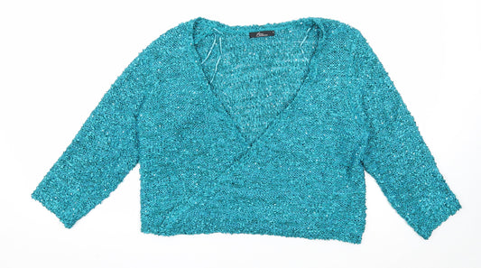 Bonmarché Womens Blue V-Neck Polyester Pullover Jumper Size M