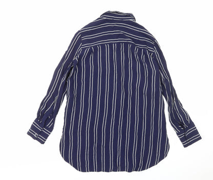 Marks & Spencer Womens Blue Striped Viscose Basic Button-Up Size 12 V-Neck