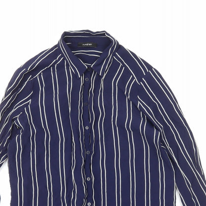 Marks & Spencer Womens Blue Striped Viscose Basic Button-Up Size 12 V-Neck