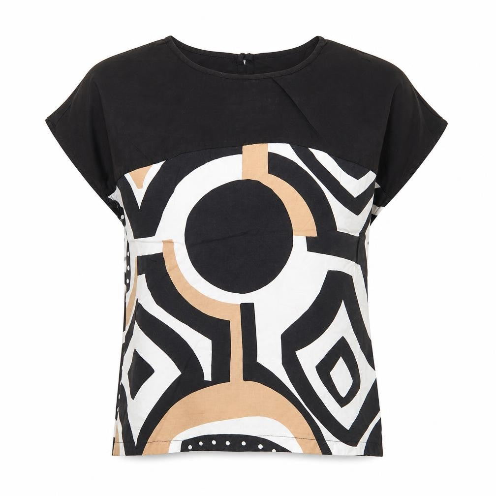 TU Womens Black Geometric Viscose Basic T-Shirt Size 8 Round Neck