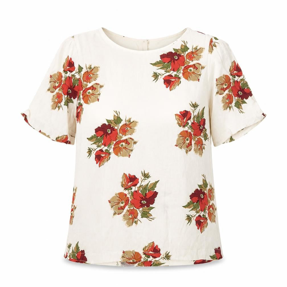 Topshop Womens Ivory Floral Viscose Basic Blouse Size 6 Round Neck - Open Back