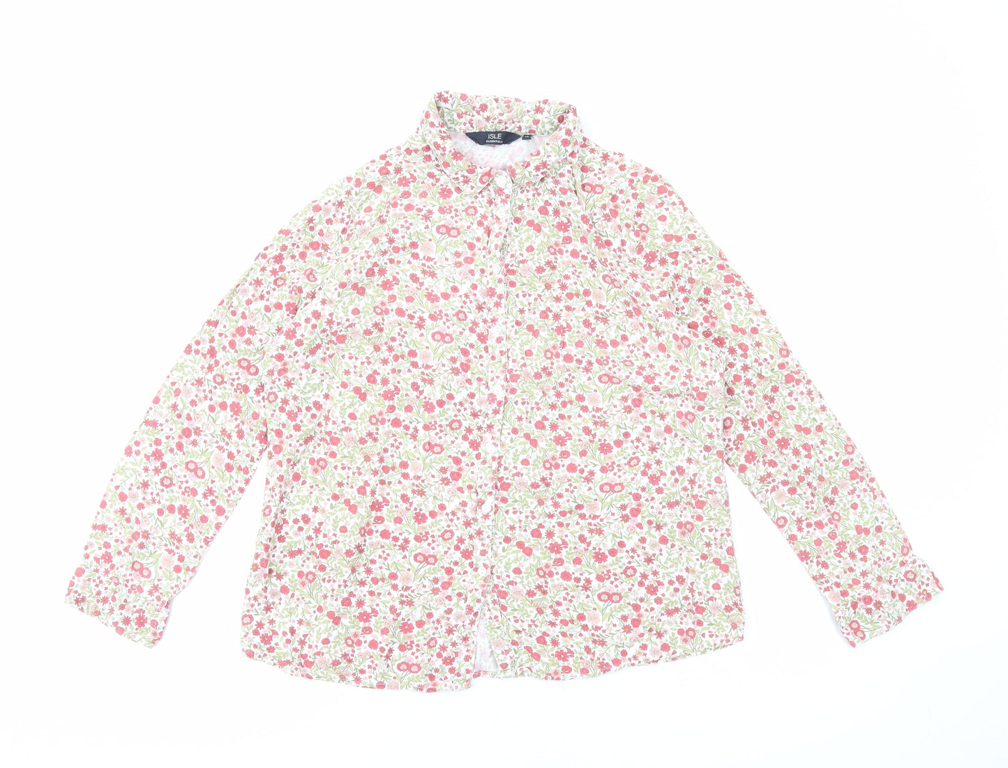 Isle Essentials Womens Pink Floral Viscose Basic Button-Up Size 16 V-Neck