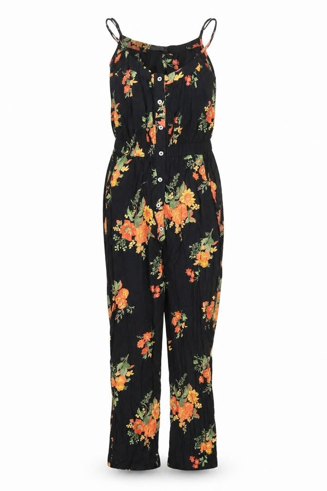Only Womens Black Floral Viscose Jumpsuit One-Piece Size 8 Button