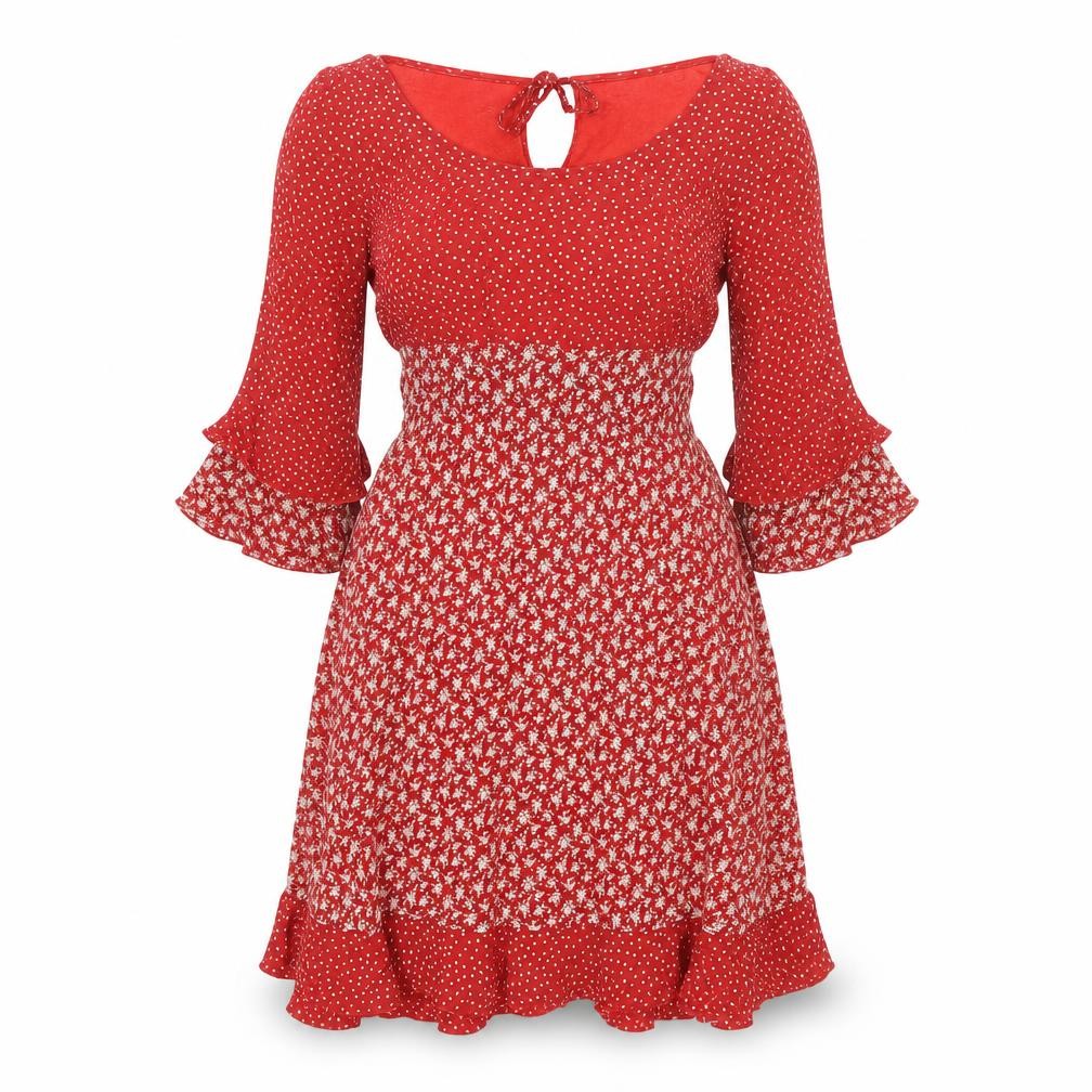 Antoine Lili Womens Red Floral Polyester Fit & Flare Size 8 Boat Neck Pullover - Flute Sleeves