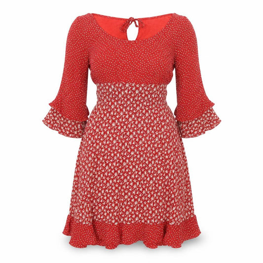 Antoine Lili Womens Red Floral Polyester Fit & Flare Size 8 Boat Neck Pullover - Flute Sleeves