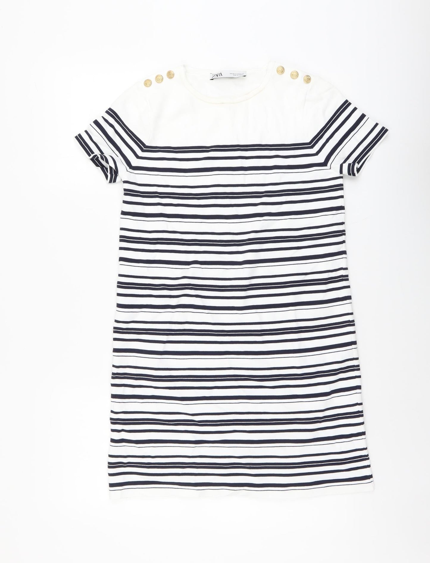 Zara Womens White Striped Polyamide T-Shirt Dress Size XS Round Neck Pullover