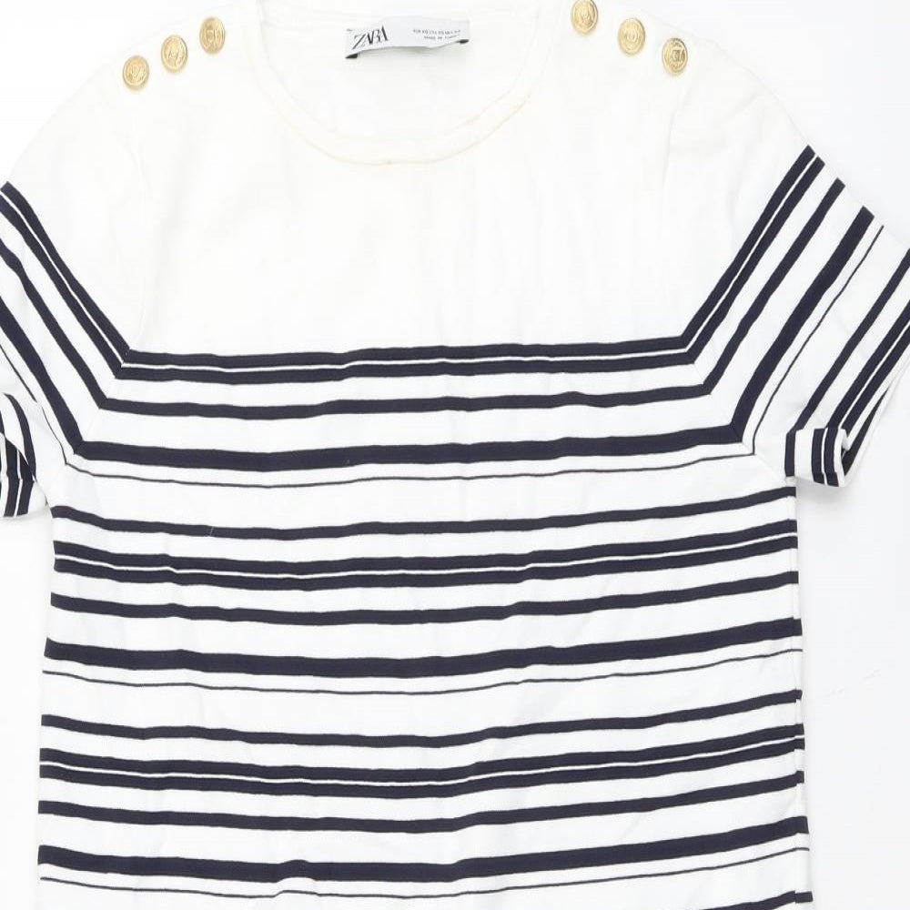 Zara Womens White Striped Polyamide T-Shirt Dress Size XS Round Neck Pullover