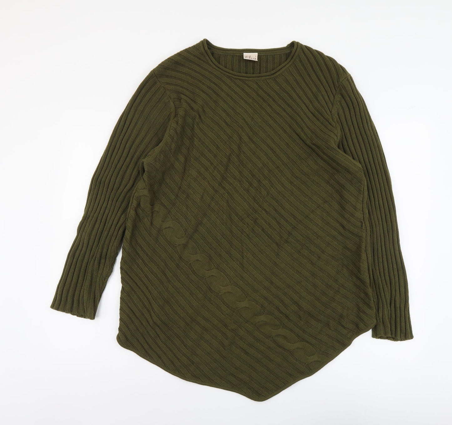 ELVI Womens Green Round Neck Cotton Pullover Jumper Size M