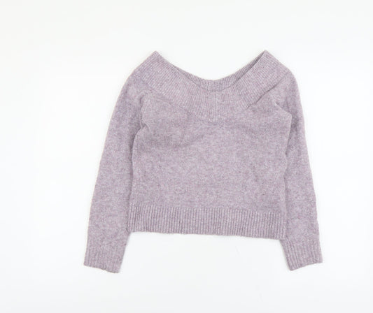 H&M Womens Purple V-Neck Acrylic Pullover Jumper Size XS