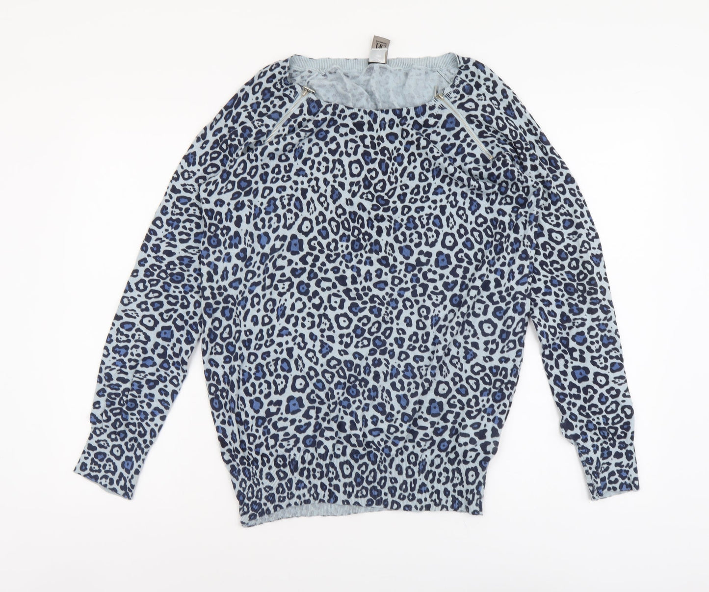 BC Connection Womens Blue Round Neck Animal Print Cotton Pullover Jumper Size 16