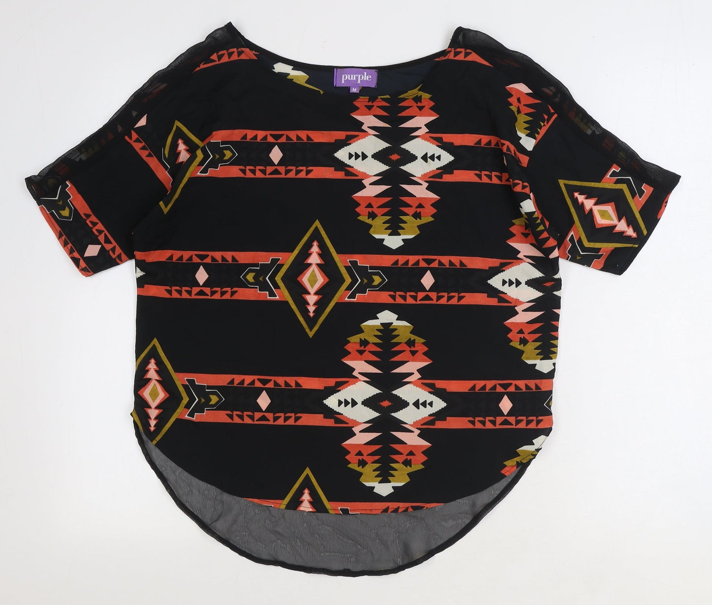 Purple Womens Black Geometric Polyester Basic Blouse Size M Round Neck