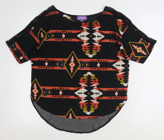 Purple Womens Black Geometric Polyester Basic Blouse Size M Round Neck