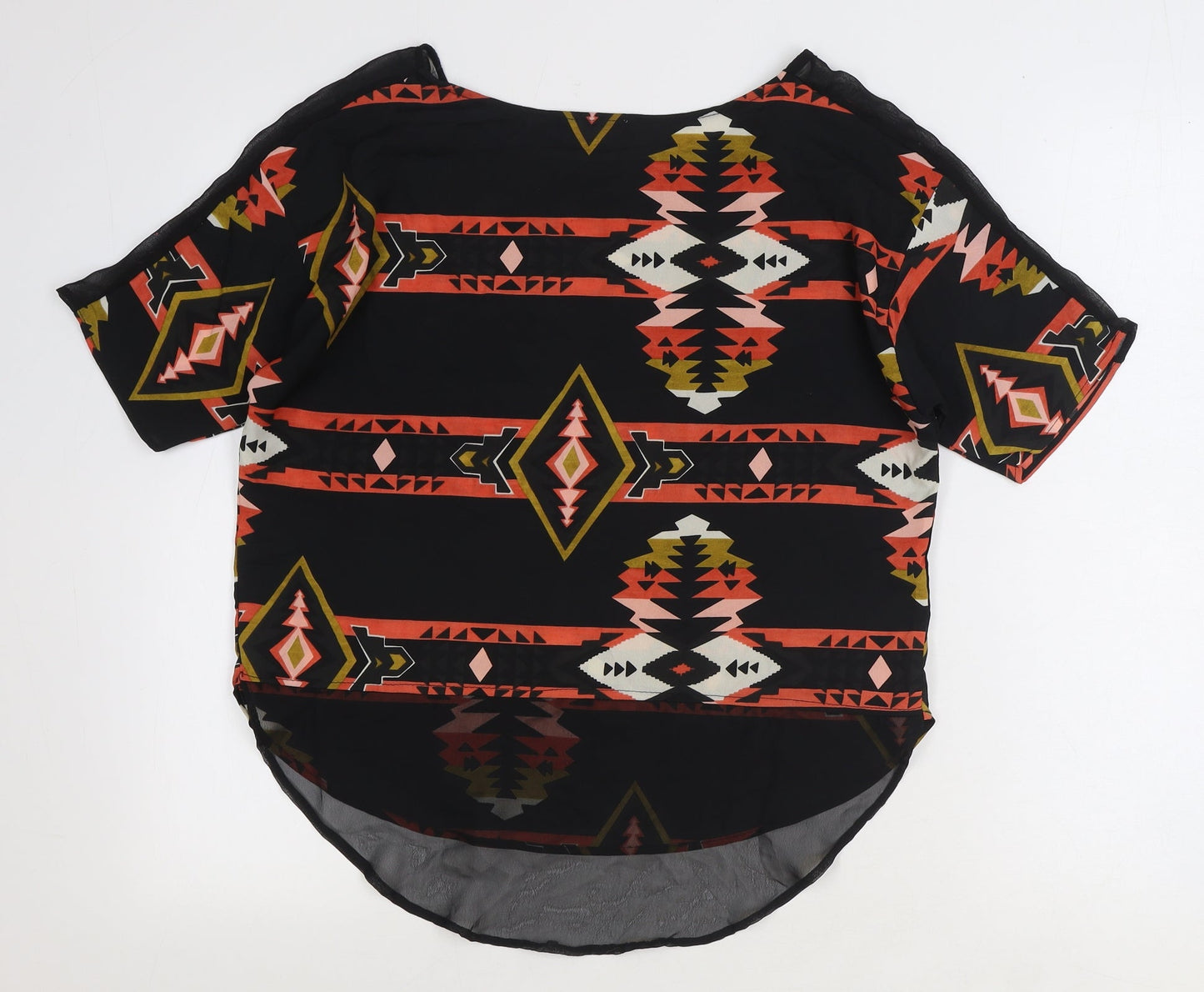 Purple Womens Black Geometric Polyester Basic Blouse Size M Round Neck