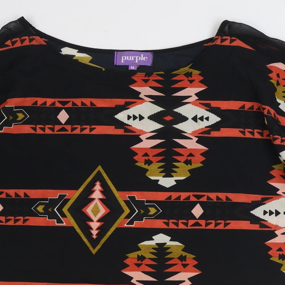 Purple Womens Black Geometric Polyester Basic Blouse Size M Round Neck
