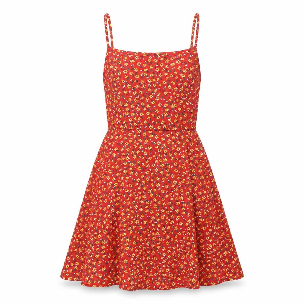 SheIn Womens Red Floral Polyester A-Line Size XS Square Neck Tie