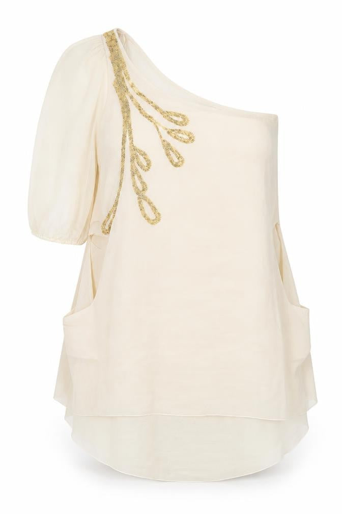 TFNC Womens Beige Polyester Tunic Blouse Size M One Shoulder