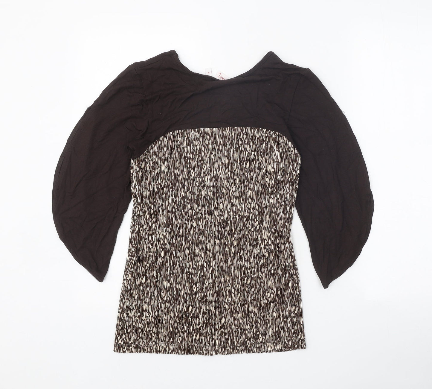 NEXT Womens Brown Geometric Polyester Basic Blouse Size 8 Scoop Neck - Flute Sleeve