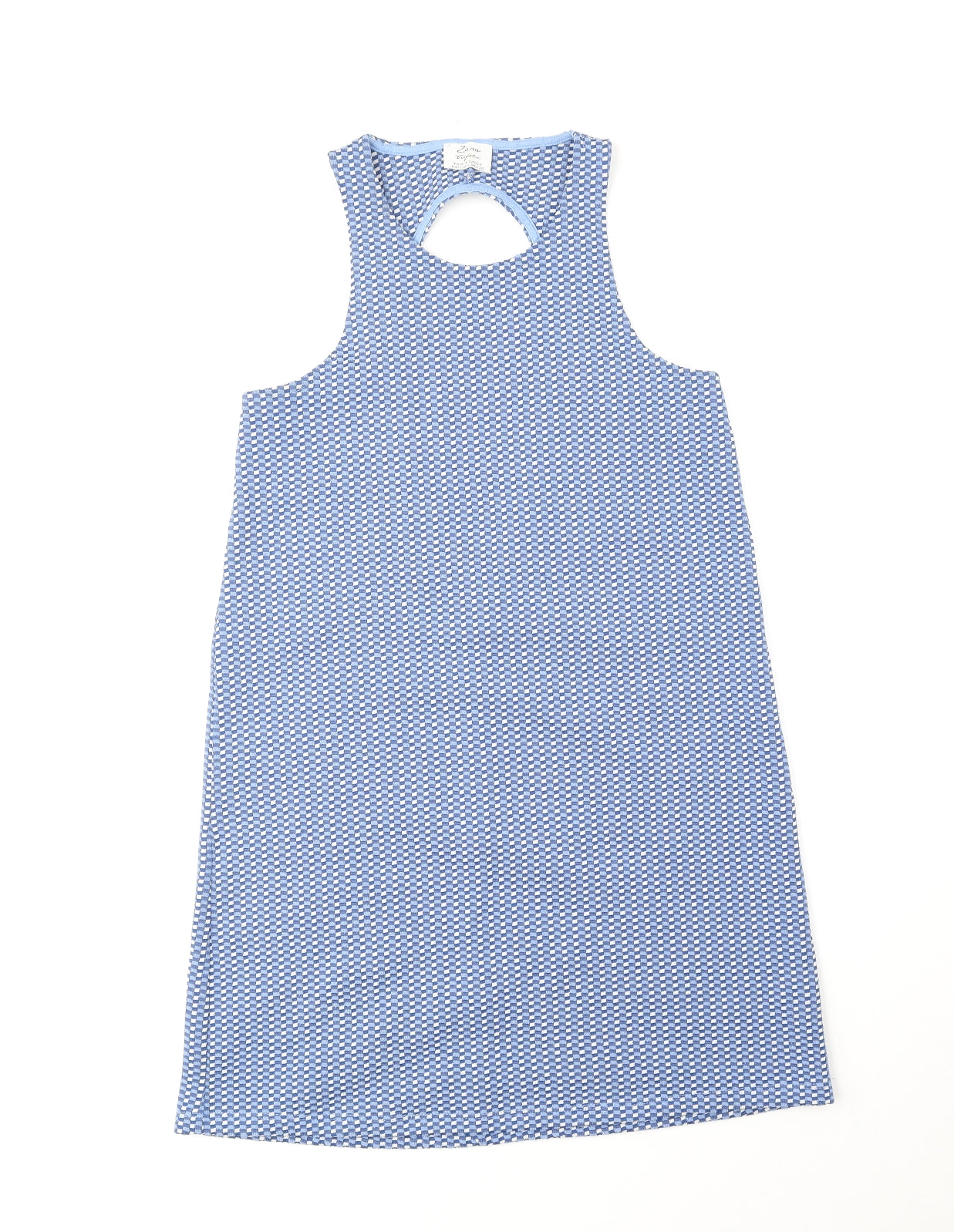 Zara Womens Blue Geometric Polyester A-Line Size 10 Scoop Neck Pullover - Cut Out Back Detail