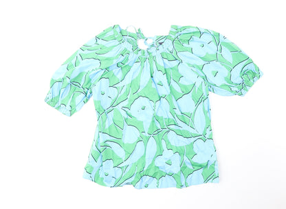 Marks & Spencer Womens Green Geometric Cotton Basic Blouse Size 6 Round Neck