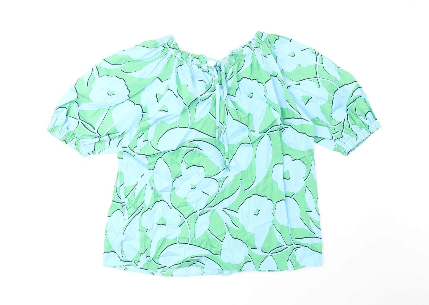 Marks and Spencer Womens Green Geometric Cotton Basic Blouse Size 6 Round Neck