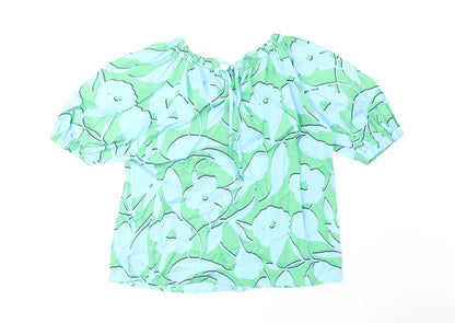 Marks & Spencer Womens Green Geometric Cotton Basic Blouse Size 6 Round Neck