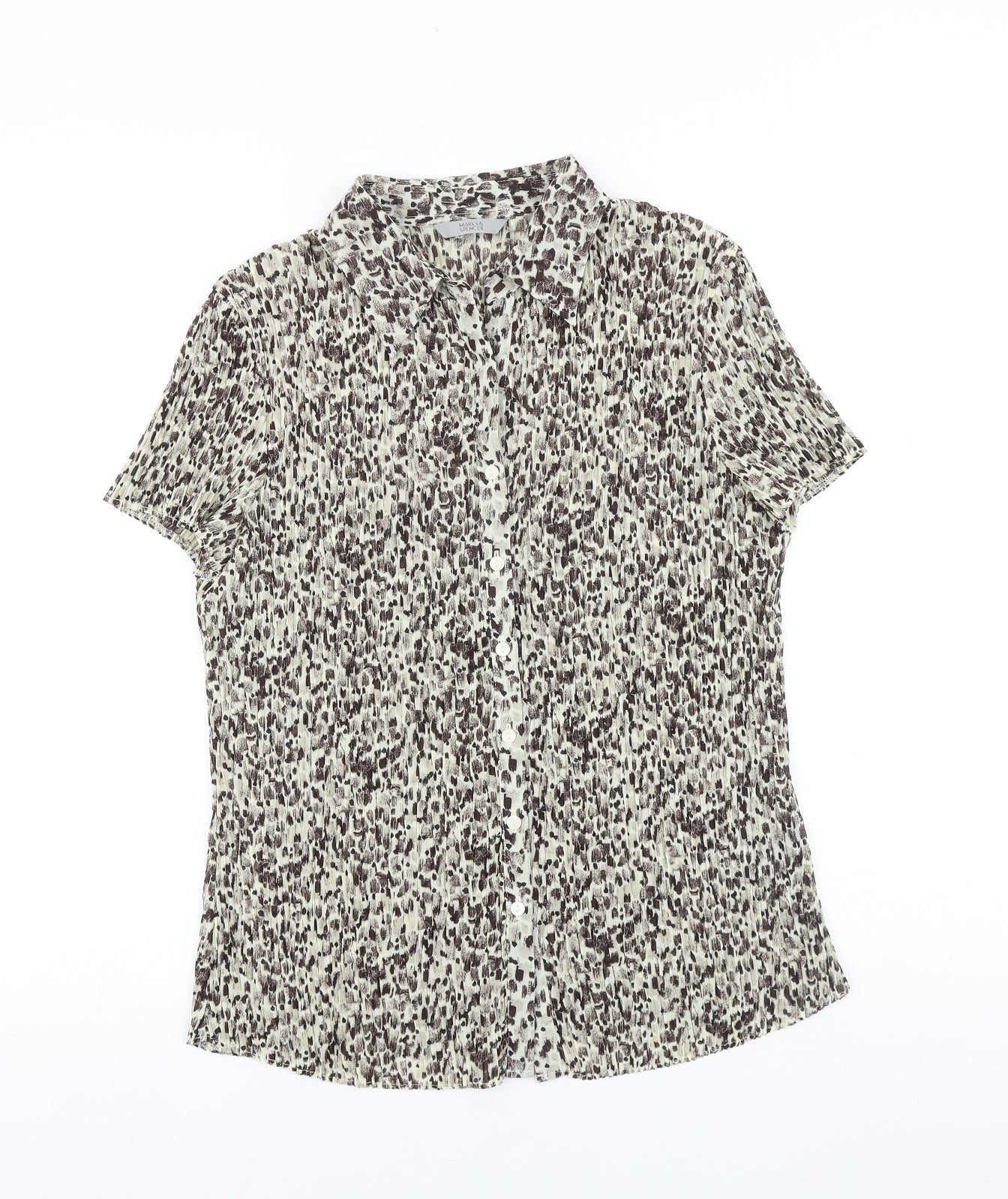 Marks and Spencer Womens Brown Geometric Polyester Basic Button-Up Size 16 Collared