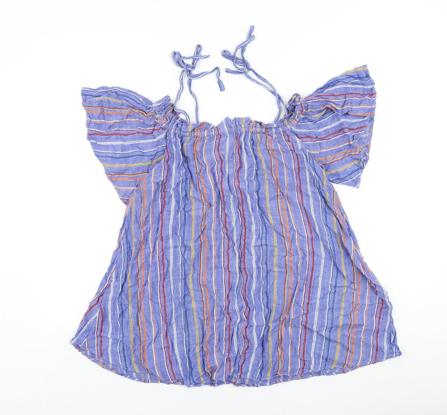 River Island Womens Blue Striped 100% Cotton Basic Blouse Size M Boat Neck