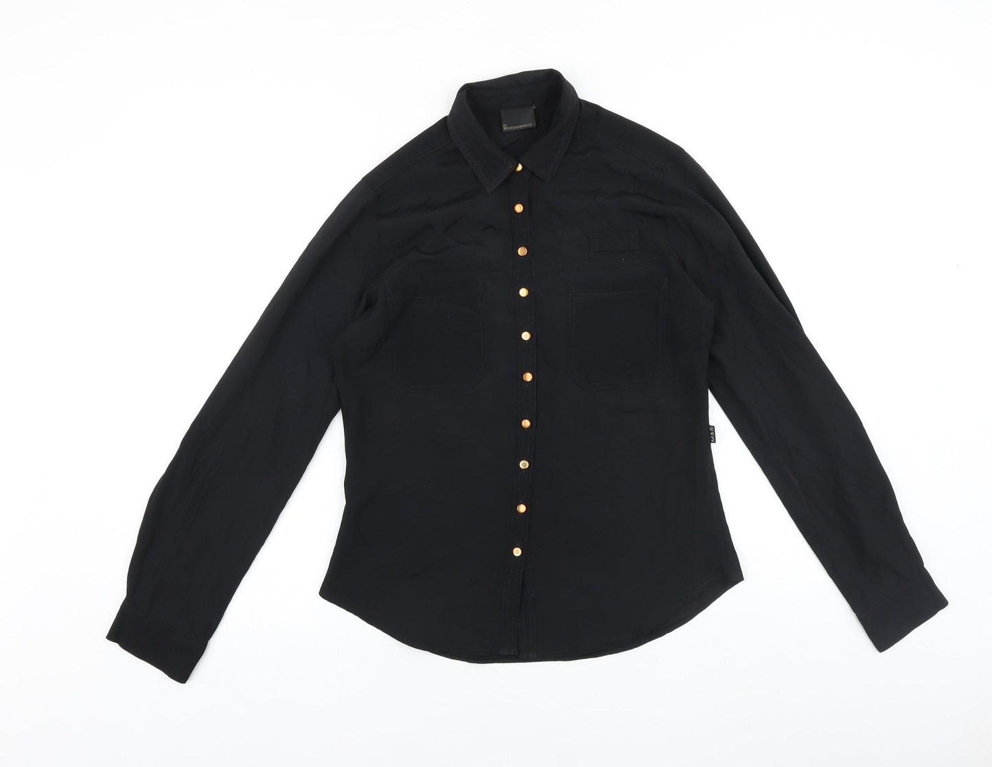 Marks and Spencer Womens Black Colourblock Polyester Basic Button-Up Size 8 Collared